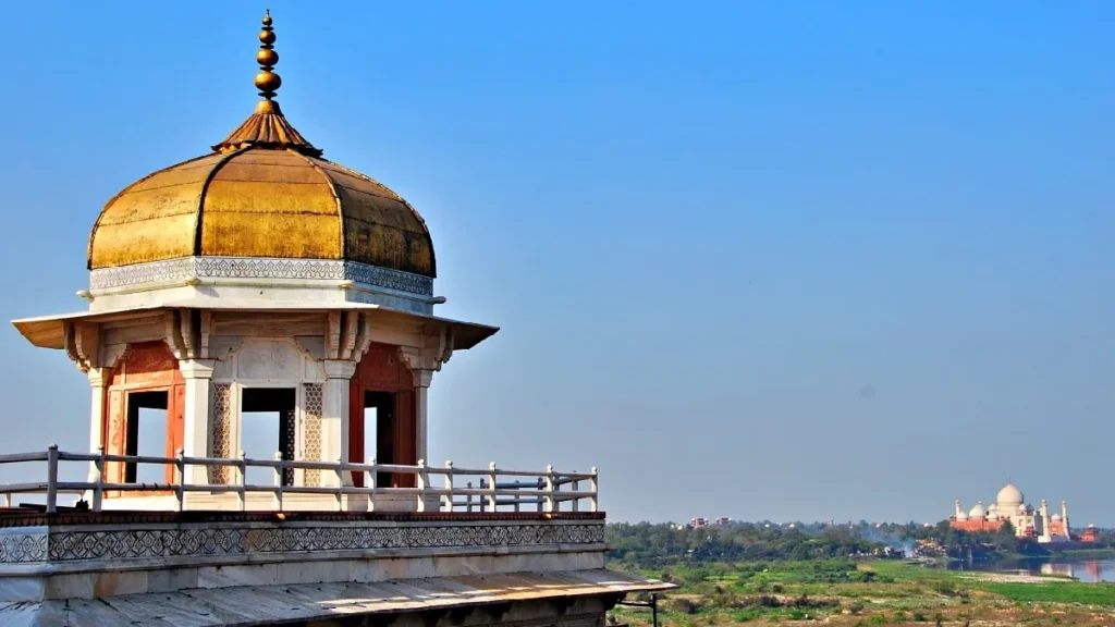 	Agra Fort view of the Taj Mahal across the Yamuna River