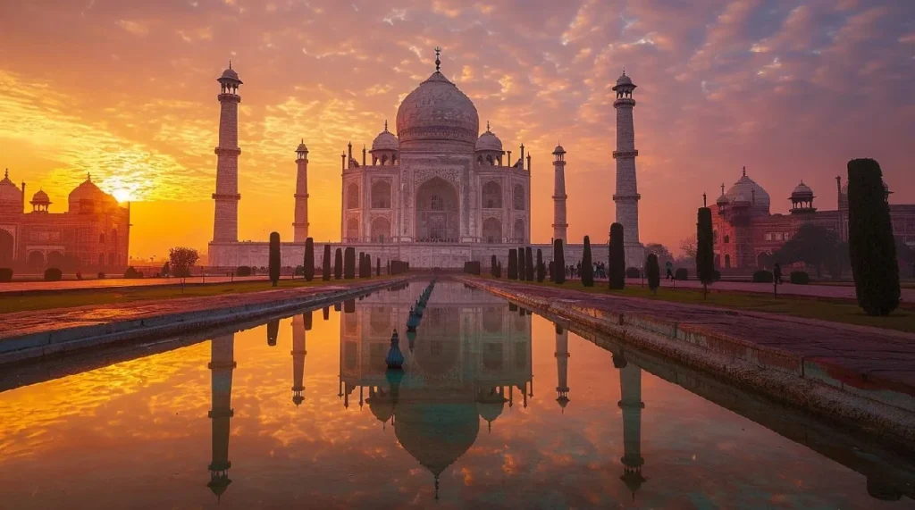 Taj Mahal Tour Guide featuring the Taj Mahal illuminated by the morning sunrise
